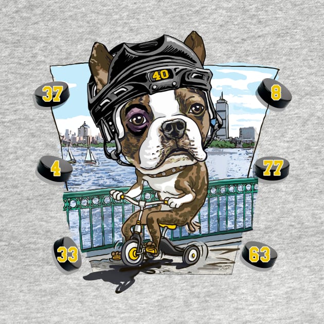 Boston Terrier Dog with Black Hockey Helmet by Mudge